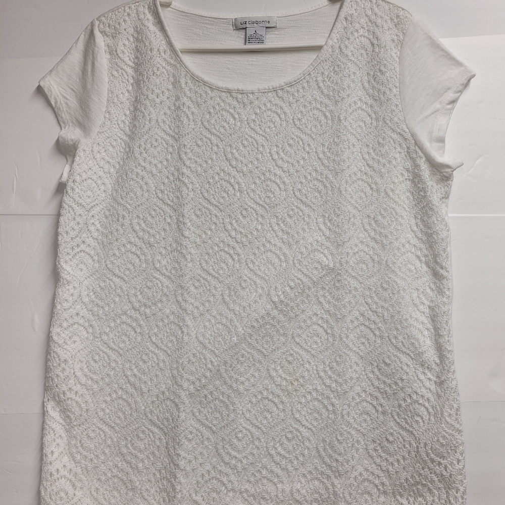 Liz Claiborne White Short-Sleeve Scoop Neck Textured Front Top